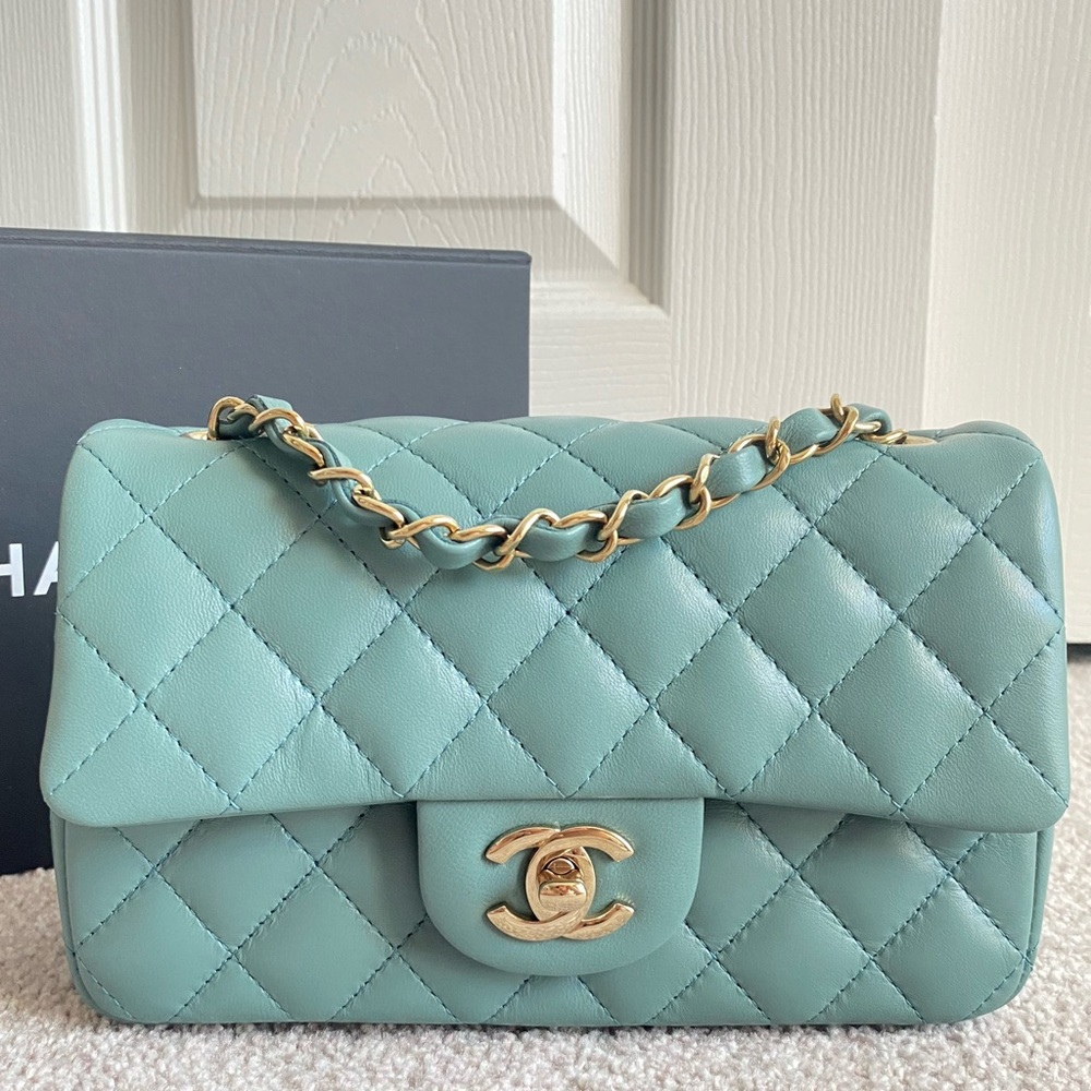 FULL SET - CHANEL Mini Classic Handbag (Blue / Turquoise with Champagne Gold HW) - Picture 9 of 13